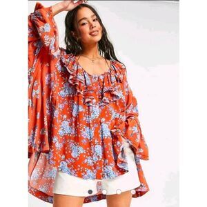 Free People Lorretta Printed Oversized Floral Tunic Size Medium Boho Bohemian Fe